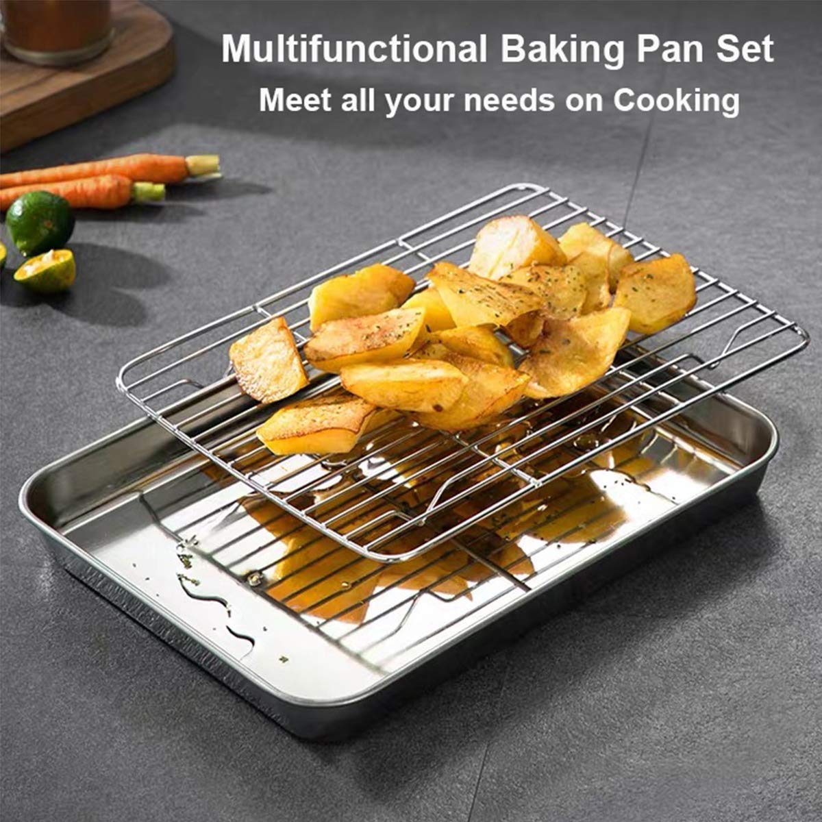 Wildone Baking Sheet with Rack Set [2 Sheets + 2 Racks], Stainless Steel Cookie Pan baking Tray with Cooling Rack, Size 10 x 8 x 1 Inch, Non Toxic & Heavy Duty & Easy Clean