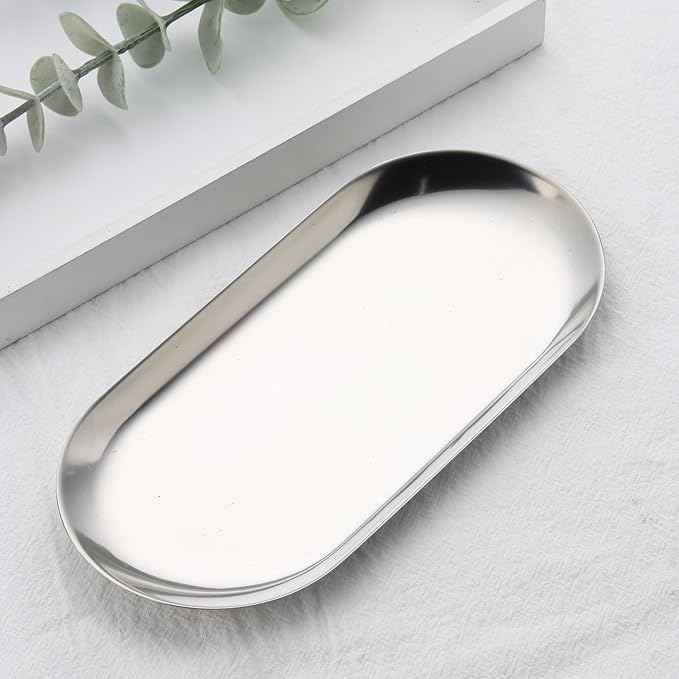 1Pcs Manicure Tools Storage Tray, Oval Stainless Steel Storage Dish Nail Art Accessory Display Tray Jewelry Rhinestone Cosmetic Nail Decorations Organizer Metal Storage Plate (Silver)