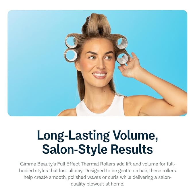 Gimme Beauty Full Effect Thermal Rollers - Hair Rollers for Salon-Style Blow-Outs - Gentle & Secure Hold for All-Day Styling - 3 Sizes for Bouncy Curls or Natural Waves - All Hair Types, 12 Count