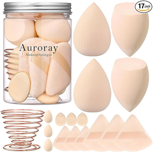 17PCS Makeup Sponges Set with 6PCS Powder Puff, 3PCS Mini Makeup Sponges Blender, 3PCS Foundation Mini Make Up Sponge Puff and 1PCS Make Up Sponges Holder