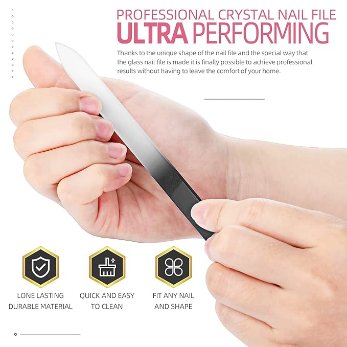 XIPOO Premium Glass Nail Files - 3 Pack with Case, Crystal, Salon Manicure Tool for Natural Nails, Gift for Women and Girls