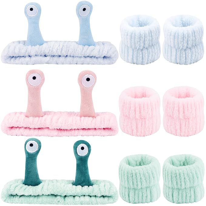 Snail Spa Headband and Wristband Set, Skincare Makeup Headband for Washing Face Cute Animal Spa Hair Bands for Women Girls Stocking Stuffers (Pink Blue Green)