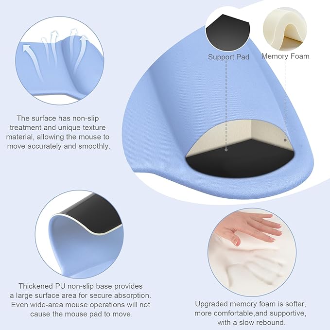 MOSISO Wrist Rest Support for Mouse Pad & Keyboard Set, Ergonomic Mousepad Non-Slip Base Home/Office Pain Relief & Easy Typing Cushion with Neoprene Cloth & Raised Memory Foam, Air Blue