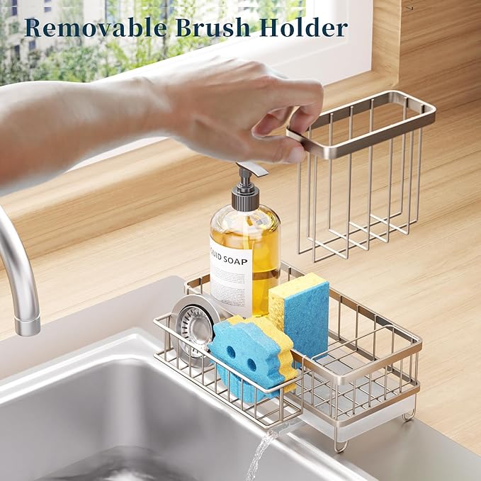 Consuemst Sponge Holder for Kitchen Sink - Auto Draining Sink Caddy Organizer with Detachable Rack, High Brush Holder, Kitchen Countertop Storage Accessories, Sand Nickel