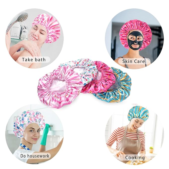 4 PCS Shower Cap for Women, Elastic and Reusable Bath Caps, Double Layers Shower Caps Reusable Waterproof, Bathing Shower Caps, Environmental Bath Hair Protection Cap - Stripes