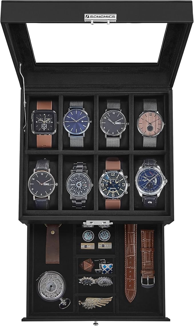 SONGMICS Watch Box, 8-Slot Watch Case Organizer with Large Glass Lid, 2 Layers, Removable Pillows, Metal Lock, Gift for Loved Ones, Black Synthetic Leather, Black Lining UJWB080B01
