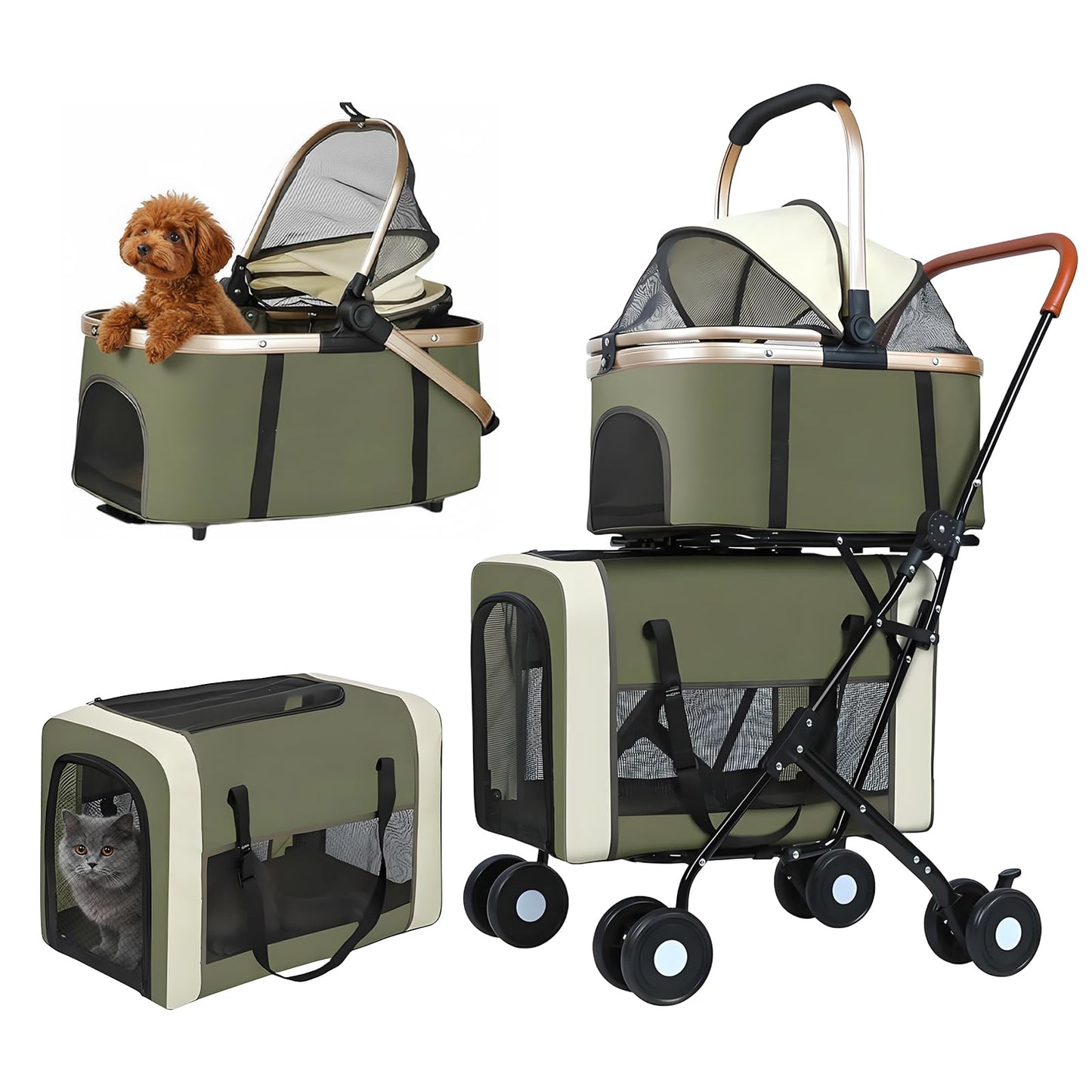 Beuway Double Pet Stroller for Dogs and Cats, One-Step Folding Dog Stroller Travel Carriage for Small Medium Dogs Cats, 2 Detachable Carrier Bags, 4 Lockable Wheels (Army Green)