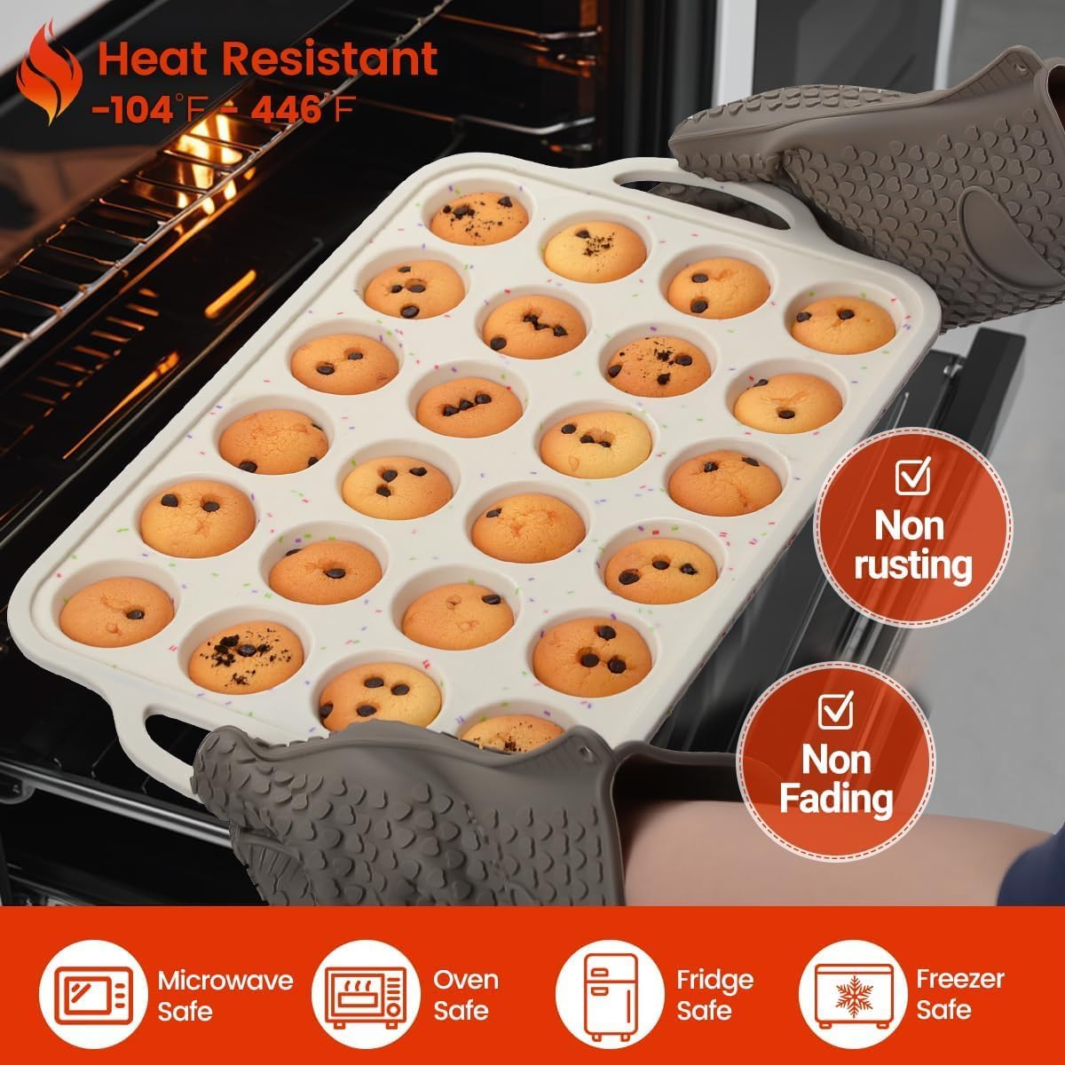 Mini Muffin Pan, Metal Reinforced Frame Mini Cupcake Pans 24 Cups Nonstick Muffin Silicone Molds with Handle for Baking Muffins, Cupcakes, Egg Bites 2 Pack