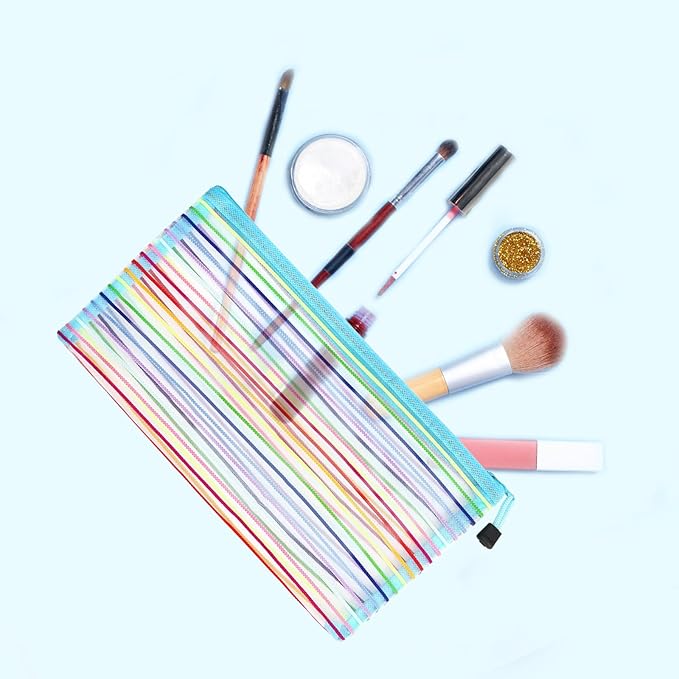 Mesh Bags with Zipper (6 Pack), Nylon Makeup Bag Cosmetic Pouches Travel Organizer Case for Purse Diaper Bag Home Organizing Striped Multi Size Blue