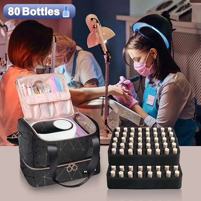 Nail Polish Organizer Holds 80 Bottles (15ml/0.5 fl.oz)& Nail Lamp, PU Leather Nail Organizers and Storage Bag with Shoulder Strap, Portable Nail Supplies Kit Organizer Carrying Case (Black)