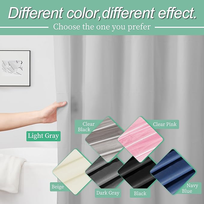 Mrs Awesome Grey Shower Curtain Liner with 3 Magnets, 72x72 Premium Flexible Sturdy Plastic Shower Curtain for Bathroom Lightweight & Waterproof, Light Gray