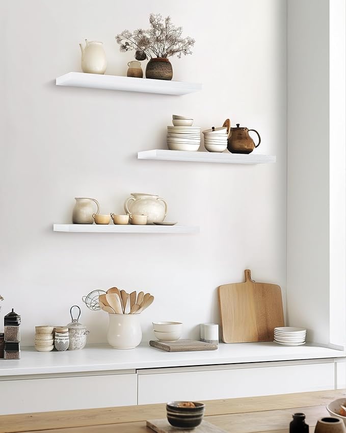 BAYKA White Floating Shelves for Wall, Set of 3, 22.5 Inches Wall Mounted Rustic Wood Shelves for Bathroom, Bedroom, Living Room or Kitchen, Hanging Shelf for Books/Storage/Decor/Display