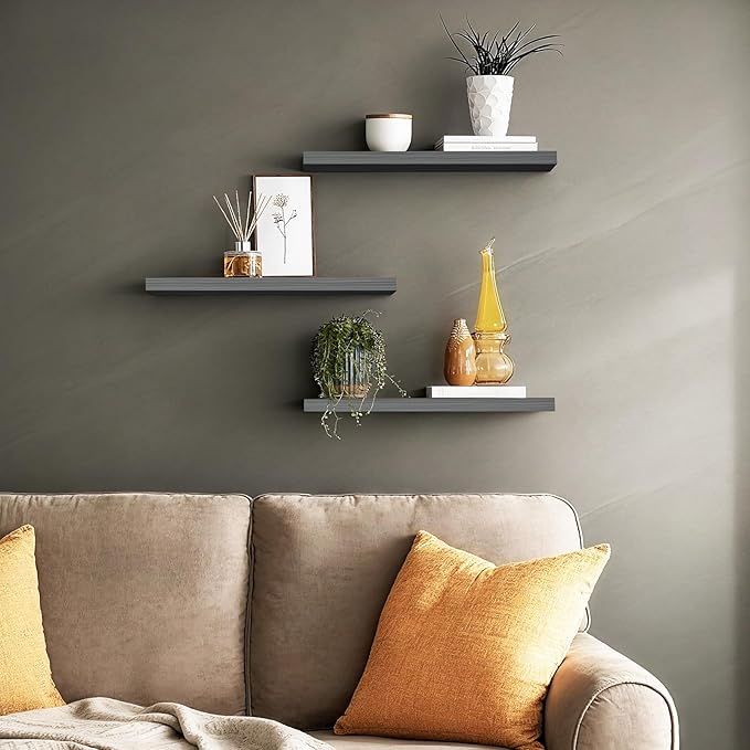 BAYKA Grey Floating Shelves for Wall, Set of 3, Wall Mounted Rustic Wood Shelves for Bathroom, Bedroom, Living Room, Kitchen, Small Hanging Shelf for Books/Storage/Room Decor, 15.7in