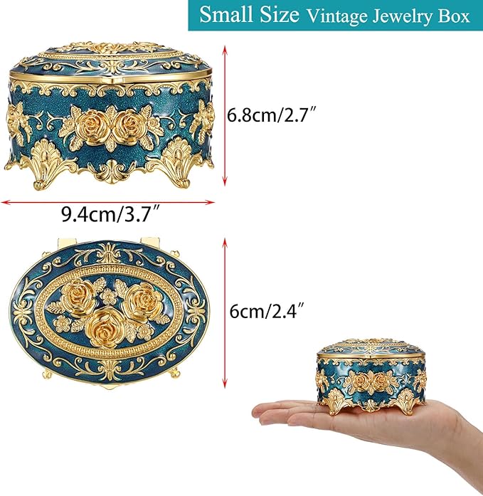 Hipiwe Vintage Metal Jewelry Box - Oval Trinket Box Ring Case with Rose Pattern Jewelry Storage Box for Ring Earrings Necklace, Keepsake Box for Women