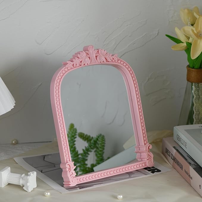 Pink Plastic Arched Makeup Mirror, Standing, Hanging or Wall Mount, Bathroom, Living Room, Bedroom White and Decorative Mirror (Pink-10.6 x 8.6 inch)