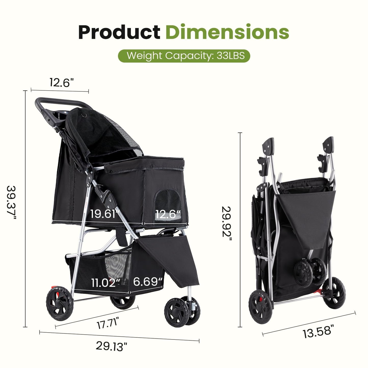 KMFurnila 3 Wheel Pet Stroller for Dogs, Cats Stroller with Storage Basket and Cup Holders, Foldable, Lightweight and Durable, Ideal for Small to Medium Pets, Home Cleaning, Black
