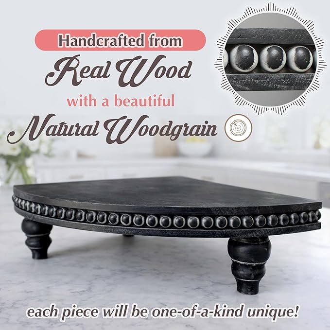 Corner Pedestal Stand Rustic Decor Riser for Display - Farmhouse Wood Rounded Beaded Tray for Kitchen and Bathroom Countertop Organizer, Coffee Bar, Plant Stand with Removable Feet (Rustic Black)
