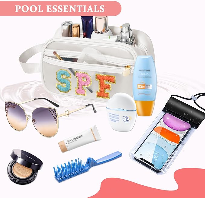 COSHAYSOO Clear Sunscreen Bag SPF Beach Vacation Essentials Waterproof Summer Pool Must Have Accessories for Women Teen Girls, Family Beach Day Organizer Toiletry Pouch Travel Gifts Preppy Letter