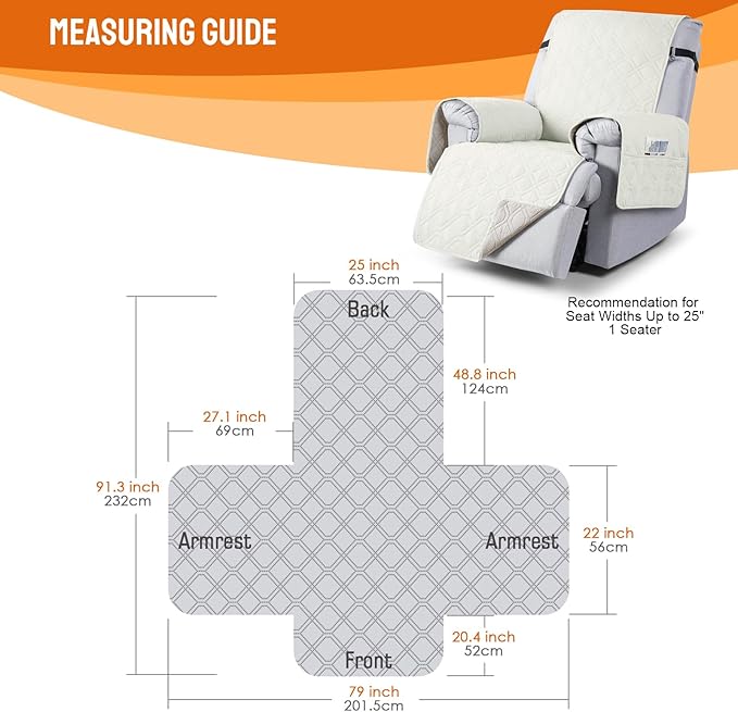 VANSOFY 100% Waterproof Recliner Chair Covers, Recliner Cover Non-Slip Dog Chair Cover Furniture Protector Washable Slipcover with Pocket, Elastic Straps for Pets, Dogs(Off White, 25")
