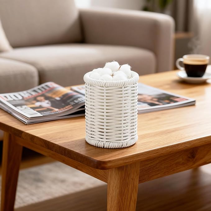 Rattan Jars, Rattan Desk Organizer, Bathroom Essentials Accessories Decor, Vanity Makeup Storage Organizer, for Cotton Balls, Pads, Floss Picks-Minimalist Decor , White(DP053)