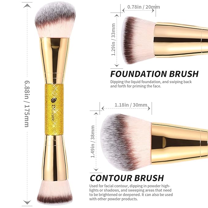 DUcare Dual End Foundation Contour Bronzer Brush, Gold Glitter Handle Double Ended Professional Face Makeup Tool for Liquid Cream Powder