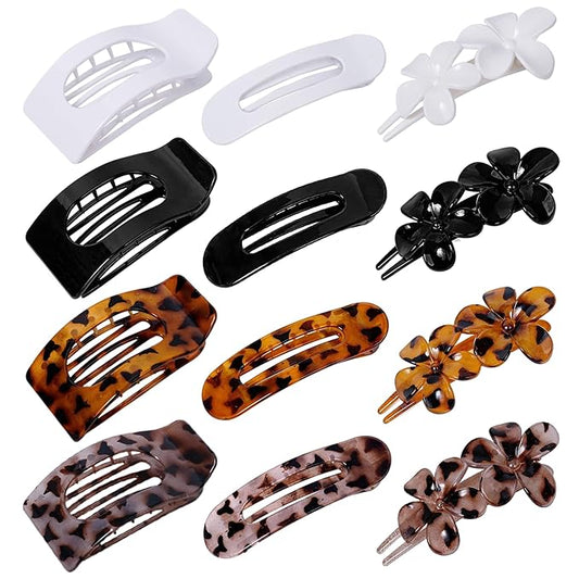 12 Pack Flat Hair Clips for Women – Matte Tortoiseshell Square Claw Clips, Flat Barrettes & Flower Pins in Black, White,Tortoiseshell & Leopard, Soft Touch Hair Accessories for Thick & Thin Hair