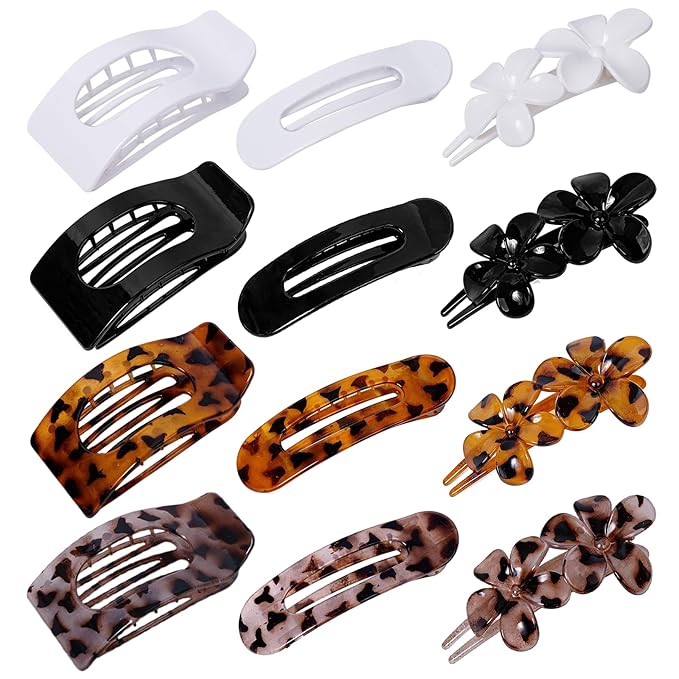12 Pack Flat Hair Clips for Women – Matte Tortoiseshell Square Claw Clips, Flat Barrettes & Flower Pins in Black, White,Tortoiseshell & Leopard, Soft Touch Hair Accessories for Thick & Thin Hair