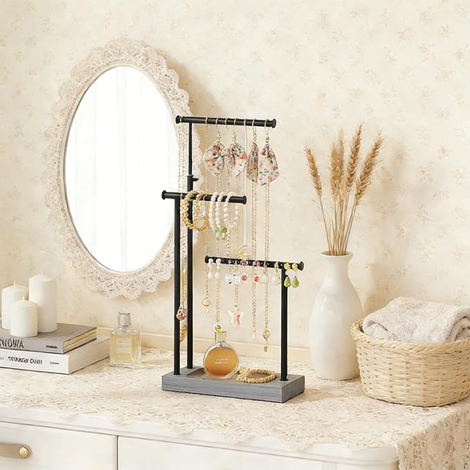 SRIWATANA Jewelry Organizer Display Extra Tall Necklace Holder 3 Tier Jewelry Tree Stand, Gift Idea (Weathered Grey & Black)