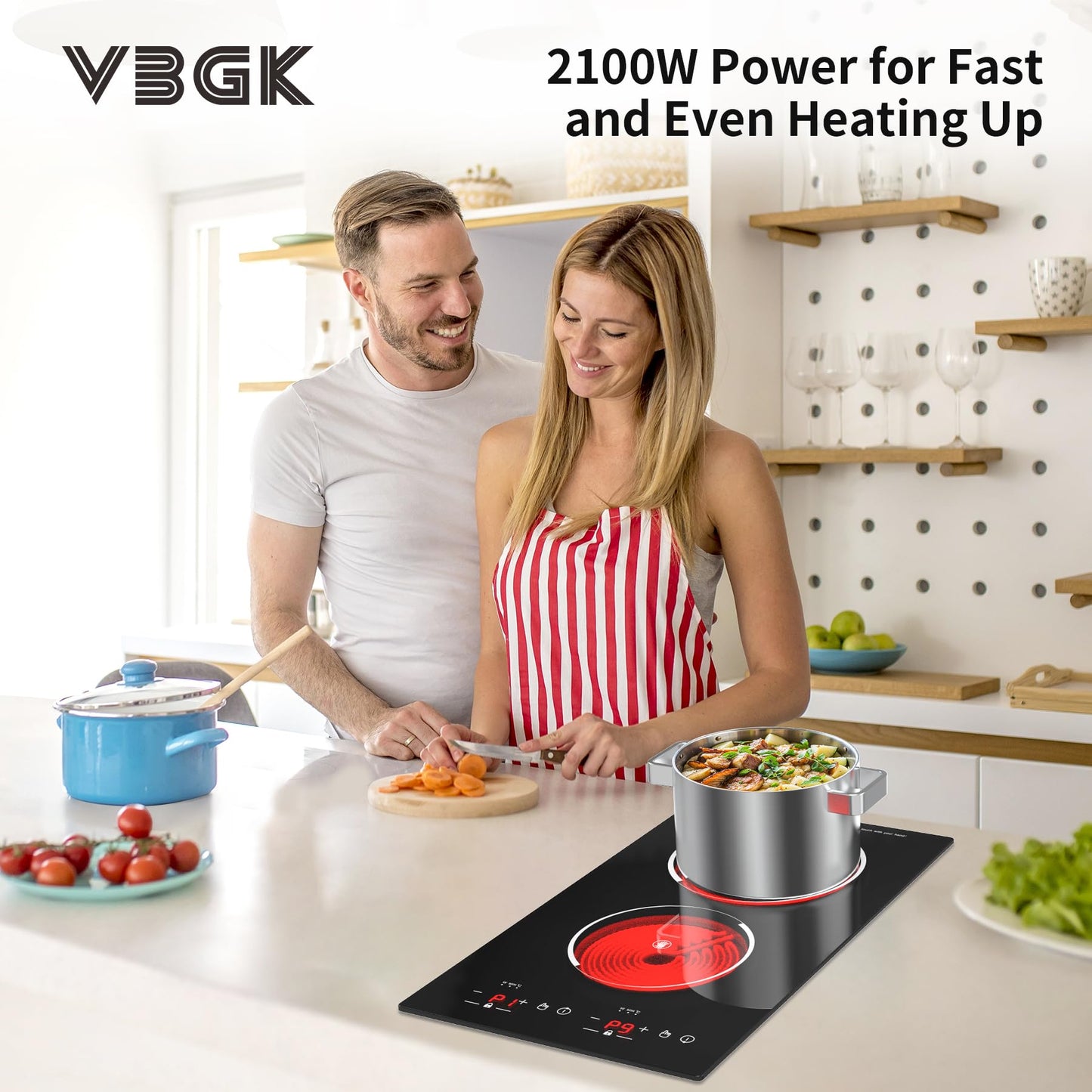 VBGK Electric Cooktop,12 Inch Built-in Radiant Electric Stove Top,110V 2100W 2 burner cooktop With 9 Heating Level, Timer & Kid Safety Lock, Sensor Touch Control 2 burner Induction Cooktop