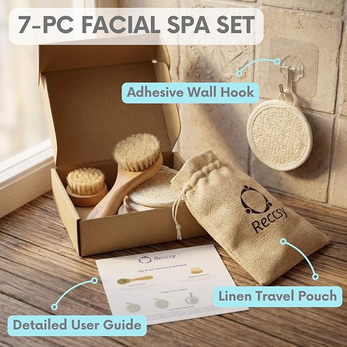 Reccsy Face Brush Set - Soft Natural Bristle Facial Dry Brush for Lymphatic Drainage & Face Exfoliator Brush - Includes 4 Reusable Cleansing Pads