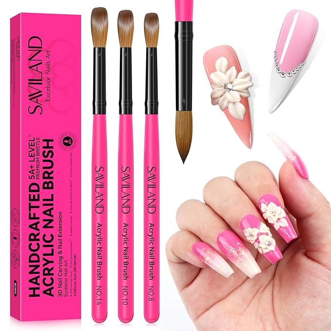 SAVILAND Acrylic Nail Brushes Set: Sizes 8, 10, 14 Nail Brushes for Professional Acrylic Powder Applications, Nails Extension, 3D Carving for Home Salon DIY Nail Art Brush Manicure Acrylics Tools Pink