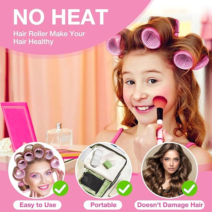 60 Pcs Hair Rollers for Women, Rollers Hair Curlers, 24 Pcs in 4 Sizes(60/48/36/25mm), Self Grip Hair Rollers Set with 34 Pcs Stainless Steel Clips for Long, Medium, Short, Storage Bag, Comb