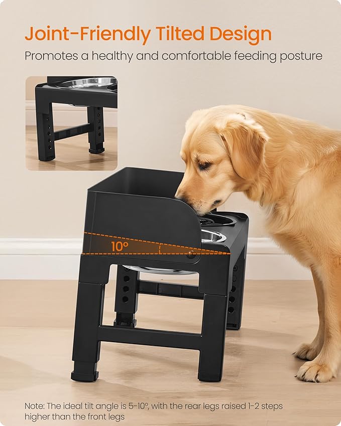 Feandrea Dog Bowls Elevated, Raised Stand with 1 Slow Feeder and Two 304 Stainless Steel Bowls, Adjustable Height and Tilted Design, Ink Black UPRB103B01