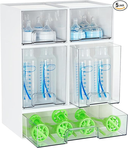 Vtopmart Stackable Storage Drawers Set of 5, Plastic Organizer Bins for Baby Bottle, Beauty Supplies Storage, Ideal for Kichen Countertop, Vanity, Bathroom, Cabinet, Pantry Organization,White