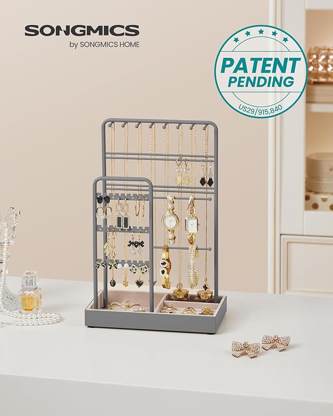SONGMICS Jewelry Holder, Jewelry Organizer, Jewelry Display Stand with Metal Frame, Velvet Tray, Necklace Earring Bracelet Holder, for Studs, Rings, Gift Idea, Dove Gray UJJS021G01