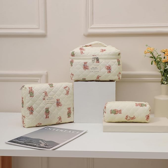uekeboag Large Travel Quilted Makeup Bag for Women, Floral Cotton Cosmetic Bag, Coquette Aesthetic Floral Toiletry Organizer Bag