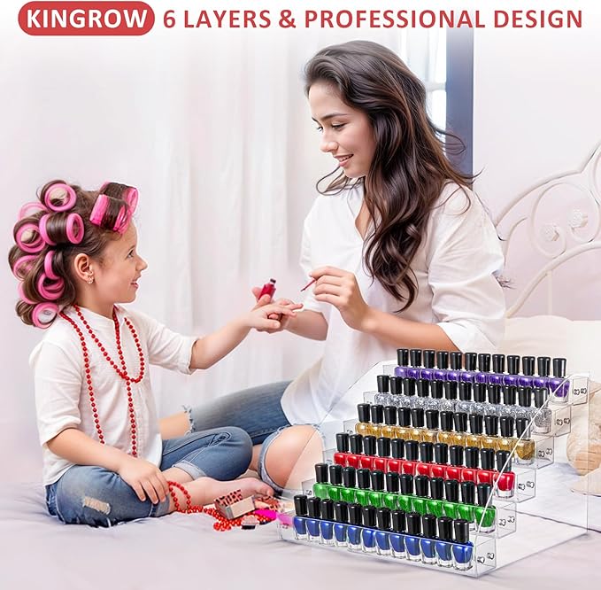 KINGROW Nail Polish Organizer Holder Rack 6 Layers Acrylic Display Rack Eyeglasses Shelf Essential Oils Ink Storage Holds Up to 96 (Fit 1-2oz Bottles)