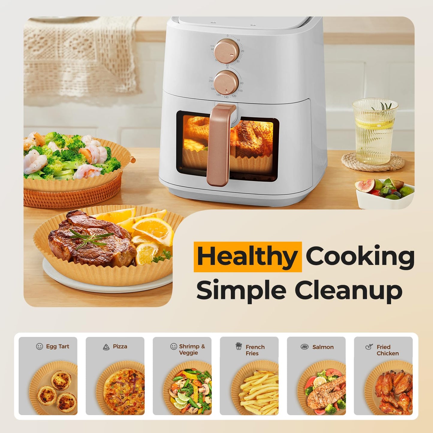 Air Fryer Liners Disposable, 200 PCS Unbleached Round Parchment Paper for Ninja 150/161 Gourmia Chefman Air Fryer, 8’’ Non-Stick & OilProof Baking Paper for 5-8 QT Basket by Vailnd