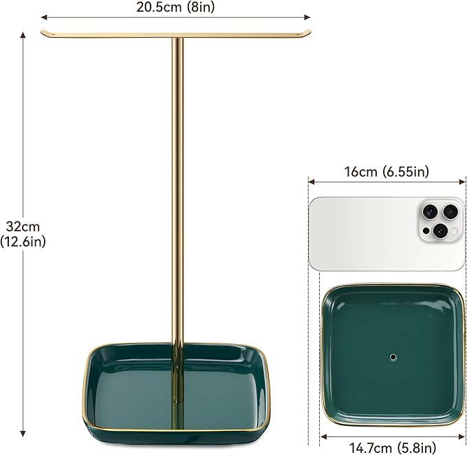 Jewelry Holder Stand with Ceramic Base: 12" Tall Necklace Organizer Rack, Tree Design Display Storage for Necklaces, Bracelets, Rings, Earrings, Aesthetic Room Décor for Girls and Women, Green