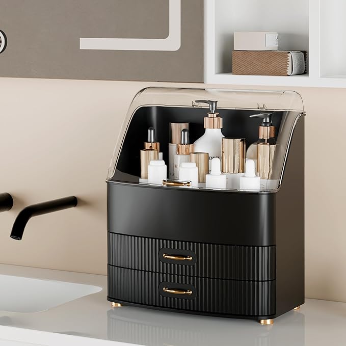 Makeup Organizer Countertop Vanity with Transparent Lid Drawers Waterproof Dustproof Cosmetic Skincare Bathroom Storage Gift for Women Teens Girls (Black)