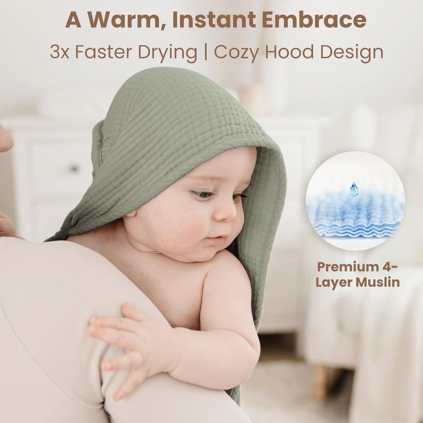 Konssy 2-Pack Muslin Hooded Baby Towels, 100% Cotton, Ultra-Soft & Absorbent Baby Bath Towels with Hood for Newborn & Infant (Fog Green, Sprout, 32" x 32")