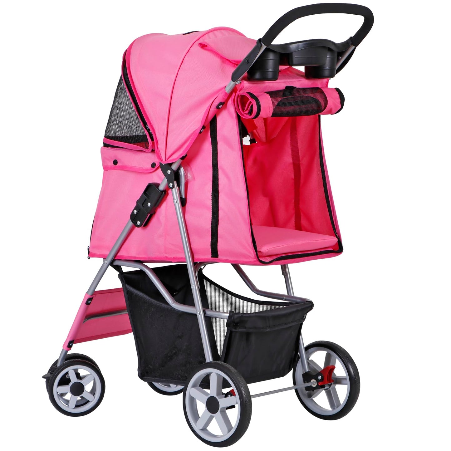 LEMY Foldable Pet Stroller,4 Wheels Cat/Dog Stroller with Weather Cover for Small/Medium Dogs and Cats,Pink Pet Strolling Cart with Storage Basket and Cup Holder
