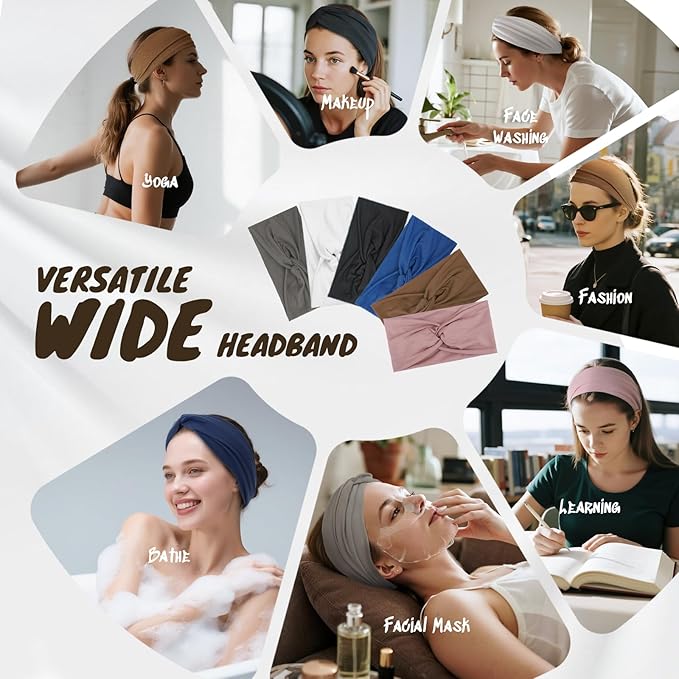 HSEM Headbands for Women, Non Silp Wide Hair Bands, Elastic Thick Head Bands, Stretchy Soft Sports Sweat Bands for Spa Workout Running Gym, Twist Knotted Cotton Cloth Turban Hair Accessories 6Pcs