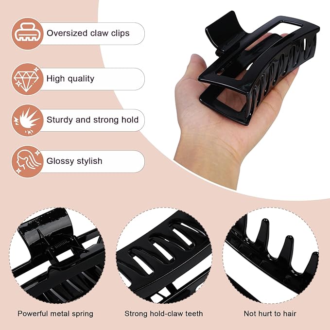 5 Inch XL Jumbo Claw Clips for Thick and Long Hair, 4-Pack Oversized Glossy Rectangle Hair Clips for Women, Strong Hold Non-Slip Jaw Clips, Black