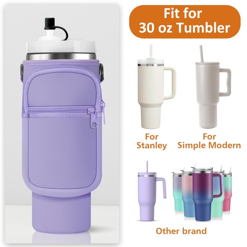 AceTreker Water Bottle Sleeve Bag for Stanley 30/40 oz Tumbler with Handle & 2 Pockets, Neoprene Metal Travel Coffee Mug Carrying Sling Accessories-Purple