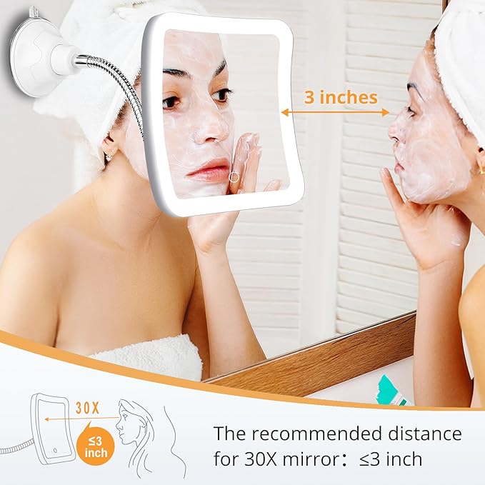 Fabuday Flexible Gooseneck 30X Lighted Magnifying Mirror - Upgraded Rechargeable Makeup Mirror with Lights and Magnification, LED Travel Mirror with Suction Cup for Bathroom, 3 Color Lighting, Square