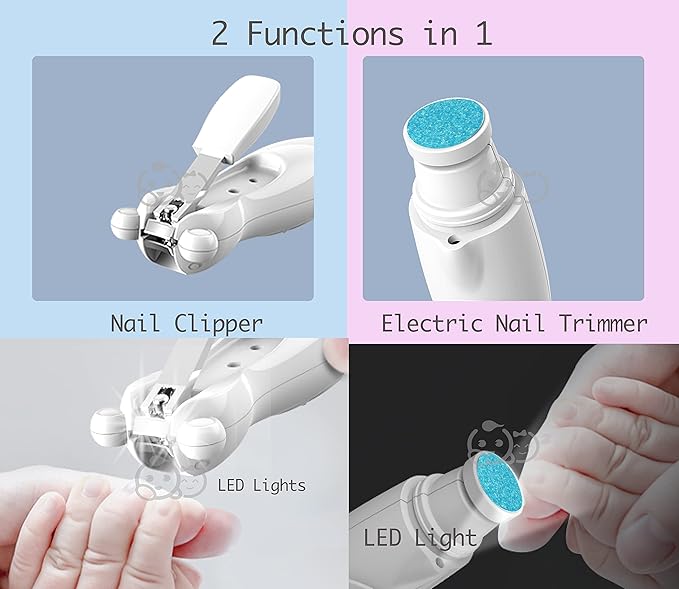 Royal Angels Rechargeable Dual Sided 20 in 1 Baby Nail Trimmer & Clipper, 15 Filing Pads, Whisper Quiet Electric File with LED Lights for Newborns & Toddlers, Safe Manicure Set for Families (Snow)