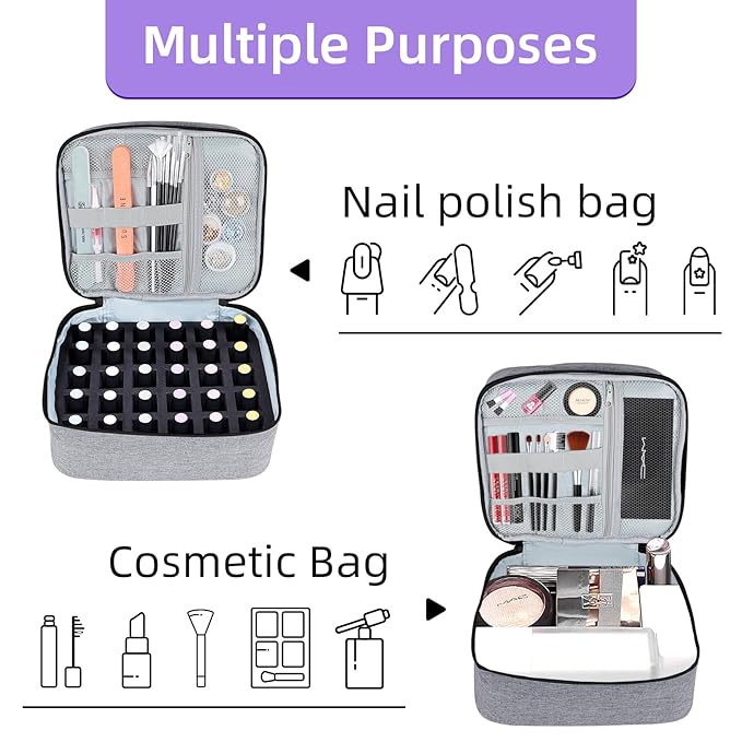 Nail Polish Organizer Holds 30 Bottles (15ml - 0.5 fl.oz) Double-layer Gel Nail Polish Kit Carrying Case, Nail Holder for Nail Lamp, Portable Nail Organizer and Storage for Nail Supplies (Gray)