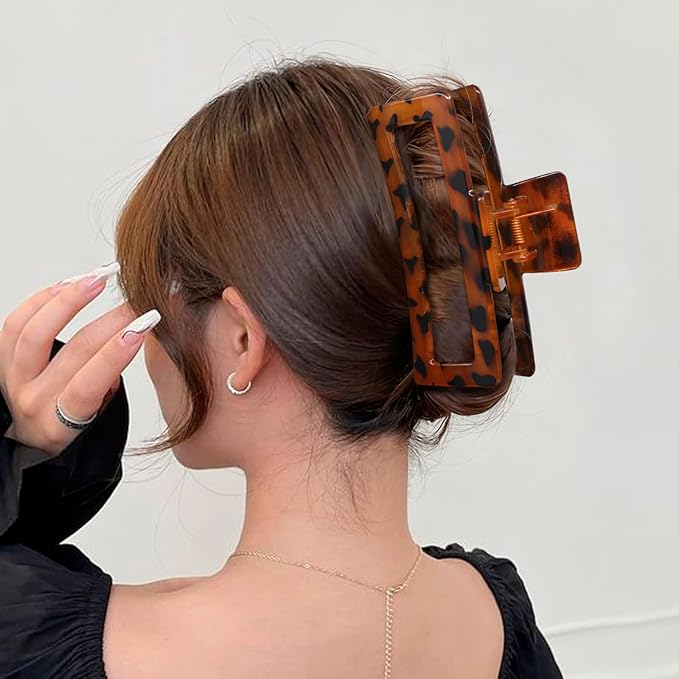 5 Inche Extra Large Claw Clips for Thick Hair, 4 Pack Xl Leopard and Glossy Claw Clips, Jumbo Non-Slip Rectangle Hair Clips for Women, Strong Hold Jaw Clips for Long Hair