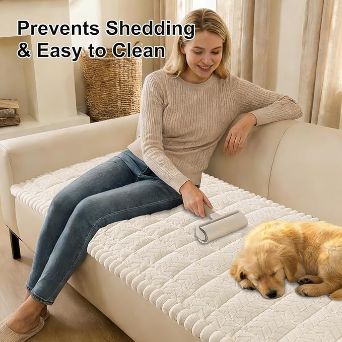 Smiry Non Slip Couch Covers for Dogs, Fuzzy Pet Couch Covers for 3 Cushion Sofa Pet Friendly, Soft Sofa Slipcovers Cushion Furniture Protector Washable (Beige, 27.6" x 82.7")